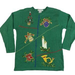 Victoria Jones Christmas Sweater Size Medium Beads Embroidered Green Tree Ribbon